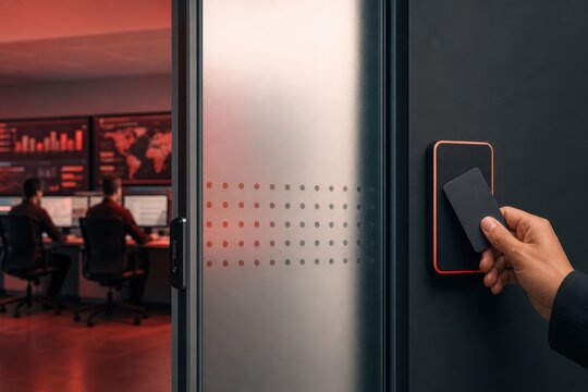Business security access control with hand using key card reader at office entrance