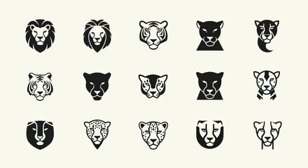 Set of Wild Cat Icons: Lion, Tiger, Panther, Cheetah, Leopard - Black and White Graphics © fransiskaaa