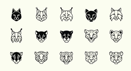 Set of Wild Cat Icons: Lynx, Bobcat, Leopard, Cheetah, Jaguar - Minimalist Line Art © fransiskaaa