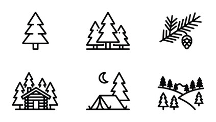 Forest Icons Set: Pine Trees, Cabin, Tent, Landscape, Nature Elements, Outdoor Adventure Graphics © MdRiaz