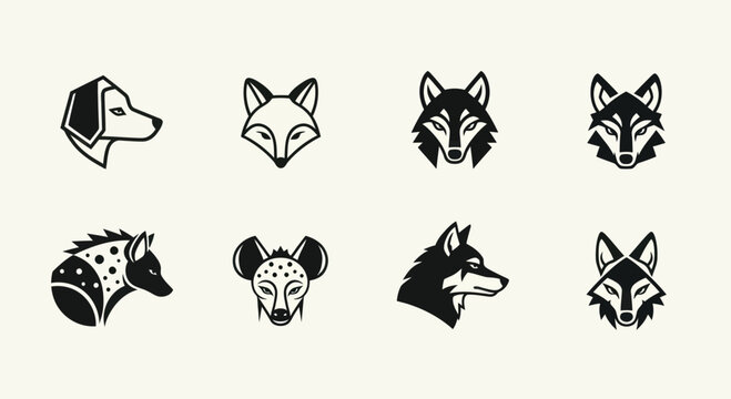 Set of Wild Canine Animal Icons: Dog, Fox, Wolf, Hyena, Vector Art