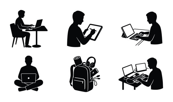 Silhouette Icons: Digital Nomad, Remote Work, Tech Setup, Creative Tools, Laptop, Tablet, Backpack