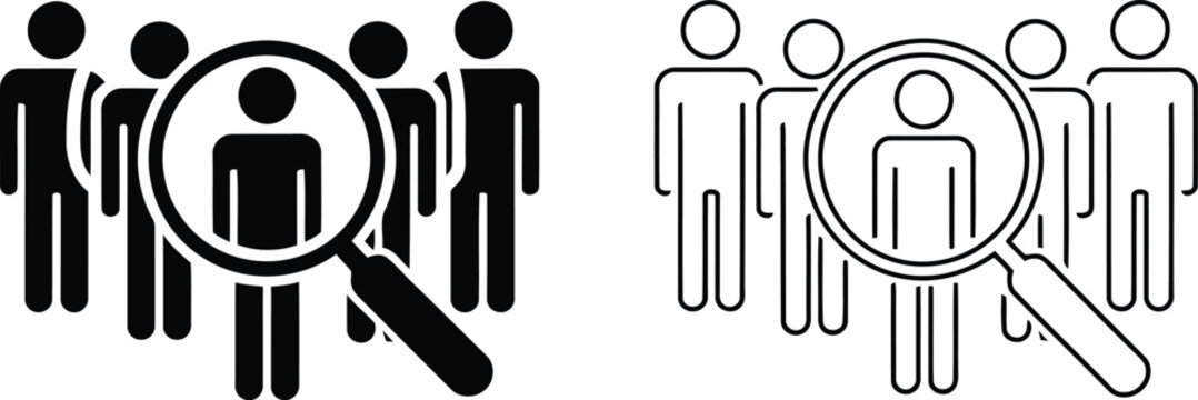 Magnifying glass over person icon in crowd vector illustration.