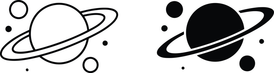Saturn planet with rings and moons, black vector illustration. © Alhamdulillah 