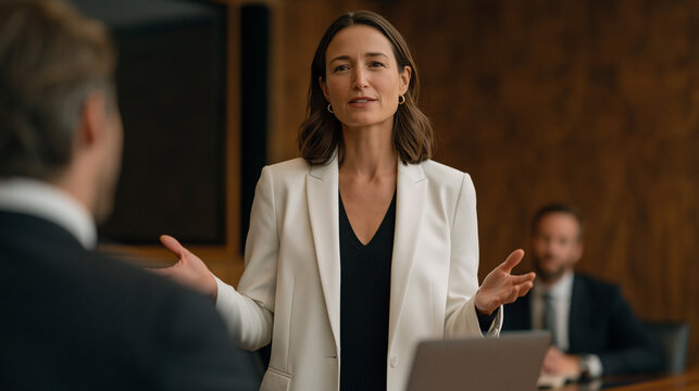 Experienced female attorney gesturing firmly while presenting as junior male partner types over her talking point, microaggression law office, mahogany conference room, client seated watching power 