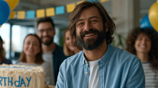 Employees gathering spontaneously around colleague's desk to celebrate handmade birthday display, genuine company culture moment, open workspace, balloons and sticky notes, unscripted joy amid daily