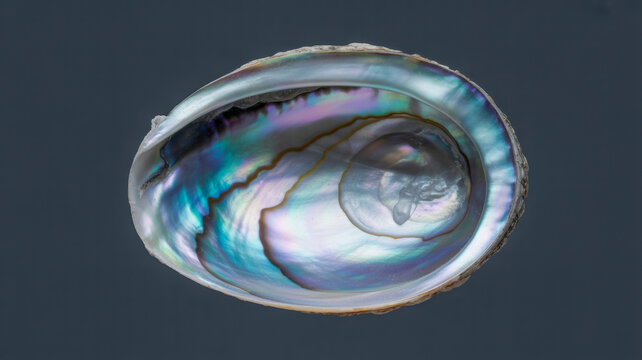 Abalone shell showing iridescent nacre texture inside this shiny marine mollusk photograph isolated for professional high quality design projects
