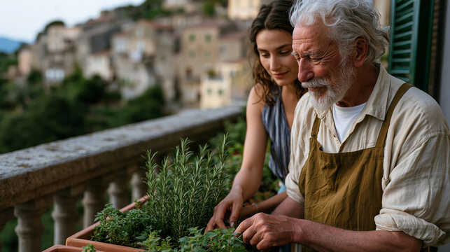 Elderly Italian nonno and his adult granddaughter harvesting rosemary and oregano from terrace container garden, stone balustrade overlooking hillside village, anti-inflammatory Mediterranean diet h