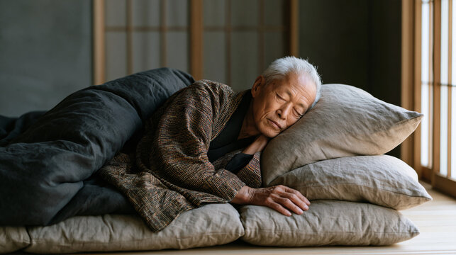 Elderly Japanese man in his eighties sleeping peacefully on a futon in a minimalist bedroom, soft predawn light, blackout curtains partially open, sleep quality longevity research, circadian rhythm 