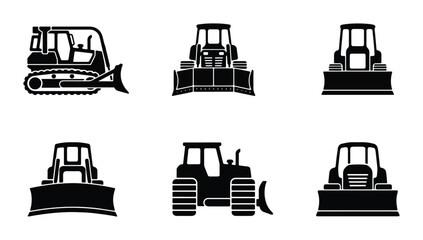 Bulldozer Icons Set, Construction Equipment Vector Graphics, Heavy Machinery Silhouettes for Industry and Building Projects © Nasrin