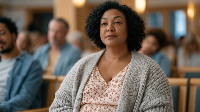 Crowded hospital waiting room where overweight woman overhears dismissive comment from nearby stranger, weight stigma in public healthcare setting, bias awareness and patient dignity concept for med