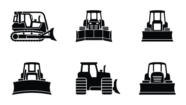 Bulldozer Icons Set, Construction Equipment Vector Graphics, Heavy Machinery Silhouettes for Industry and Building Projects
