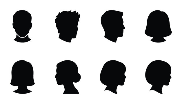 Diverse Human Head Silhouettes, Profile Views, Vector Icons Set for User Avatars, Identity Graphics, and Social Media Profiles