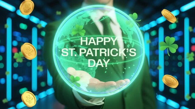 Futuristic st. patrick's day celebration with floating coins and shamrocks 4K Ai HD high quality video.