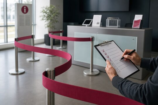 Queue management and checklist at modern service counter with ribbon barriers in office reception area