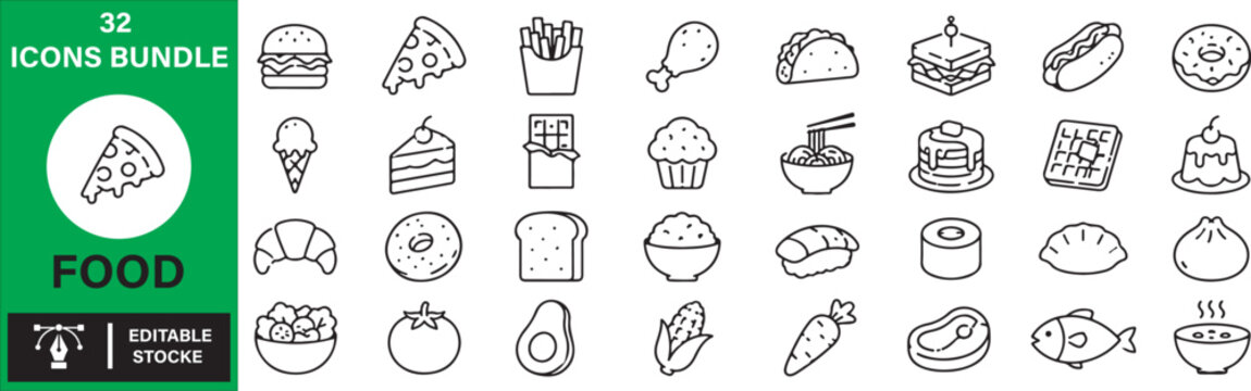 Food Line Icons Bundle &ndash; Fast Food, Bakery, Dessert, Snacks and Restaurant Menu Vector Outline Icon Set