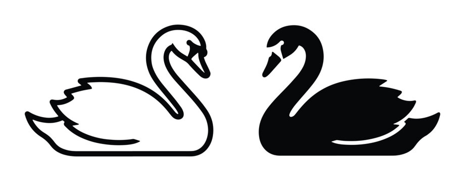 Elegant Swan Icons, Black and White Vector Silhouettes, Symbolizing Grace and Contrast for Design
