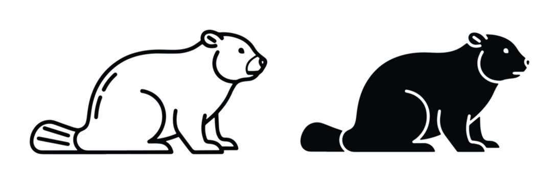 Beaver Icons Set, Outline and Solid Silhouette, Vector Graphics for Wildlife and Nature Themes