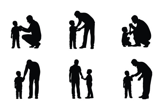 Father and Son Silhouettes, Family Bonding Moments, Parental Care, Childhood Connection, Diverse Poses, Vector Set