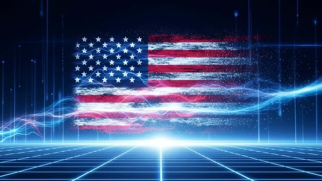Futuristic american flag animation with digital grid and tech 4K Ai HD high quality video.