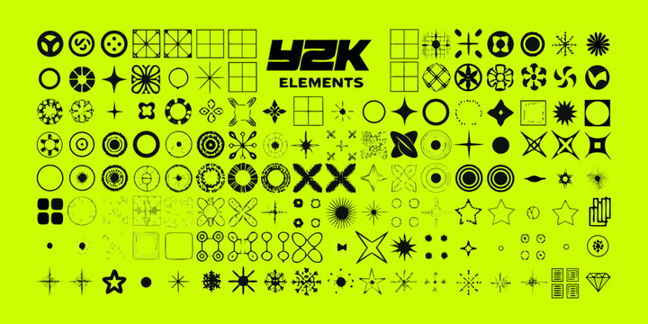y2k cyber elements icon set on bright green background