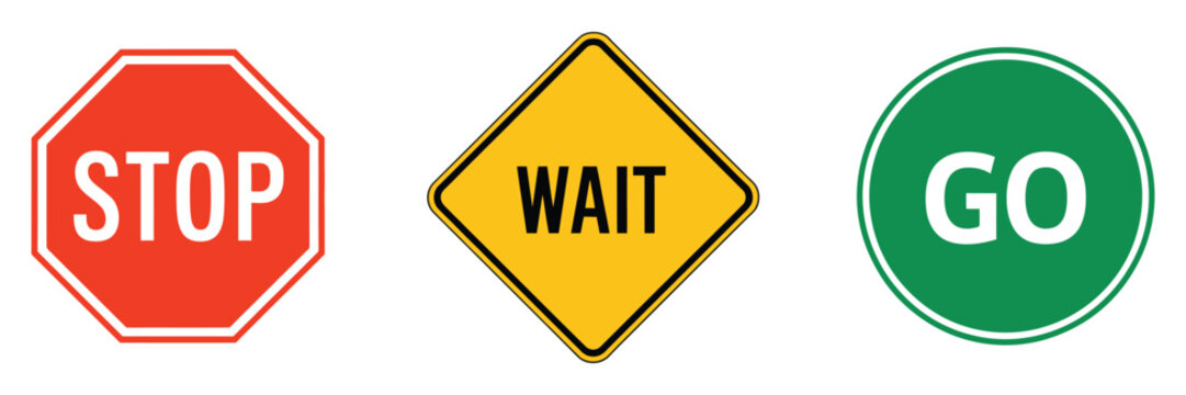 Stop wait go traffic sign icons representing traffic regulation, movement control and road safety instruction signals, vector