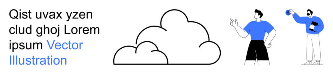 Fototapeta premium Technology, teamwork, data sharing, weather forecast, digital connectivity, cloud storage. Minimalist cloud, two people interacting. Technology and teamwork concept