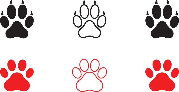 Web Set of Black and Red Paw Print Icons Isolated on White Background Vector Illustration.