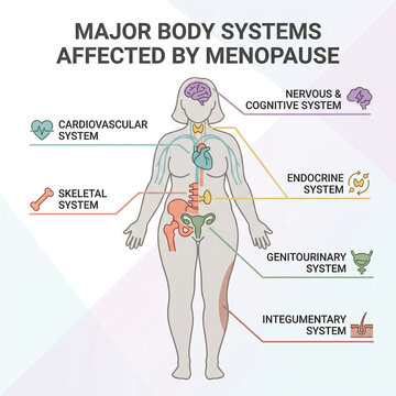 Educational medical infographic vector illustrating the major body systems affected by menopause, including cardiovascular, skeletal, and endocrine.