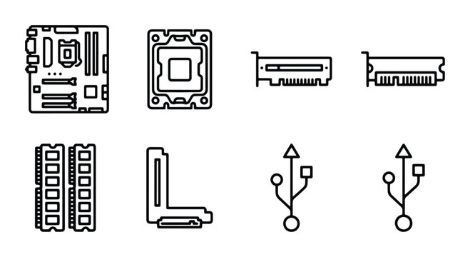 Computer Hardware Icons: Motherboard, CPU Socket, RAM, Graphics Card, USB Ports, Vector Set