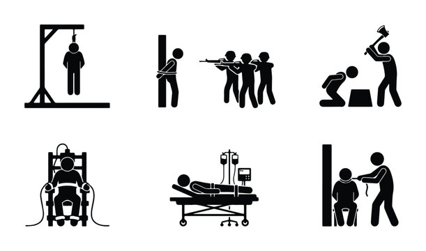 Execution Methods Icons Set, Capital Punishment Pictograms, Lethal Injection, Firing Squad, Hanging, Beheading