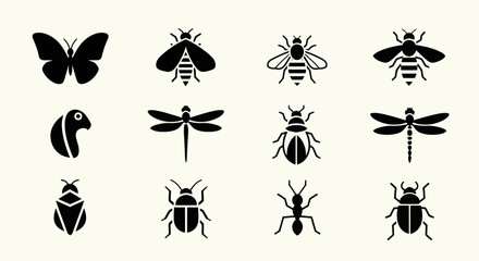 Fototapeta premium Set of insect icons and symbols in silhouette style, vector illustration