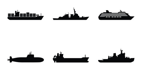 Set of 6 Vector Ship Silhouettes: Cargo, Military, Cruise, Submarine, Tanker, Warship © Nasrin