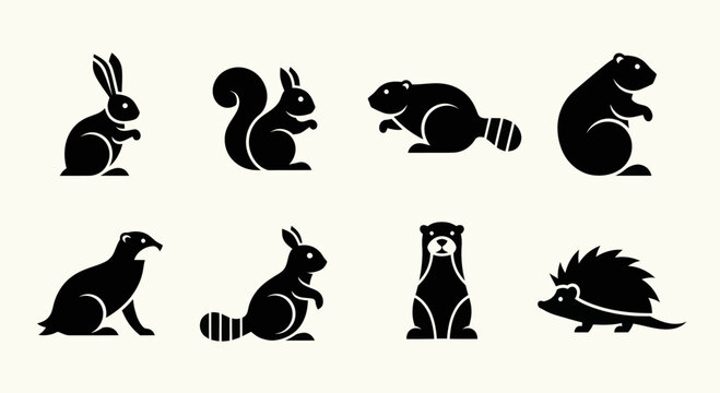 Set of Forest Animal Silhouettes: Rabbit, Squirrel, Beaver, Groundhog, Bird, Otter, Hedgehog