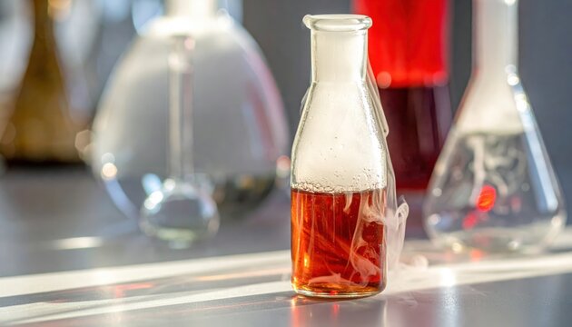 Dense reddish-brown bromine vapor emerging from a liquid chemical in a stoppered glass vial within a laboratory setting.