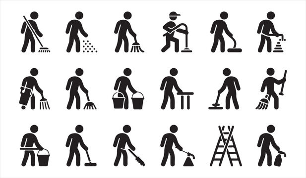 Janitor activity icon collection isolated on gray background