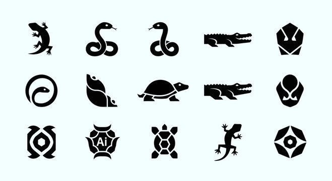 Set of Reptile and Animal Icons: Lizard, Snake, Alligator, Turtle, Abstract Symbols