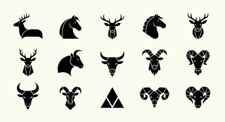 Fototapeta premium Set of stylized animal head icons: deer, horse, bull, ram, goat, abstract shapes