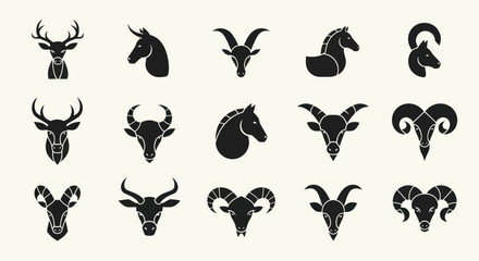 Obraz premium Set of stylized animal head icons: deer, horse, goat, ram, bull, antelope silhouettes