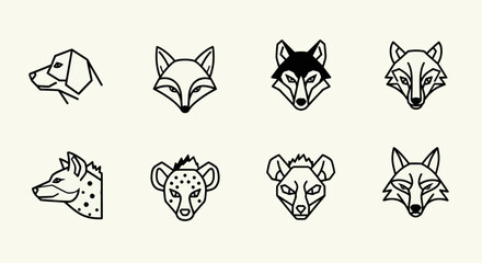 Fototapeta premium Set of stylized animal head icons: dog, fox, wolf, hyena, black wolf