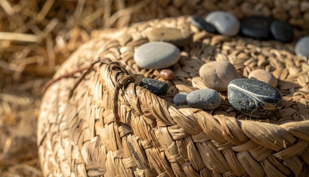 Intricate woven basket holding smooth, polished river pebbles showcasing natural textures and earthy tones