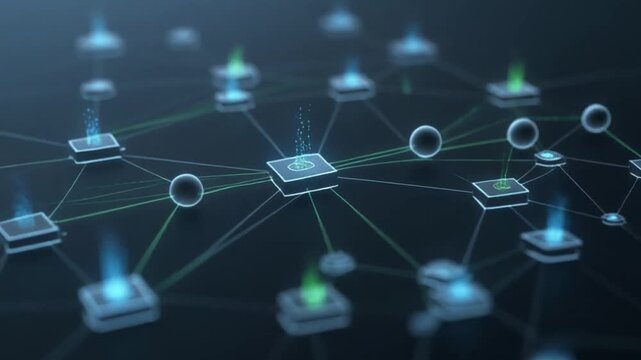 Abstract digital network background with glowing interconnected data nodes. Futuristic technology for big data, AI, and blockchain concepts.