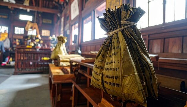 Stack of unfurled palm leaf manuscripts with Pali script tied together