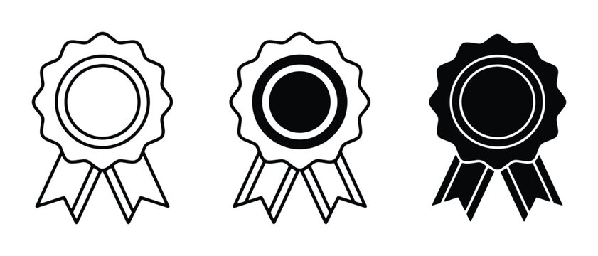 Award ribbon icons, rosette badges, recognition symbols. Set of 3 vector graphics for achievement, success, and quality.