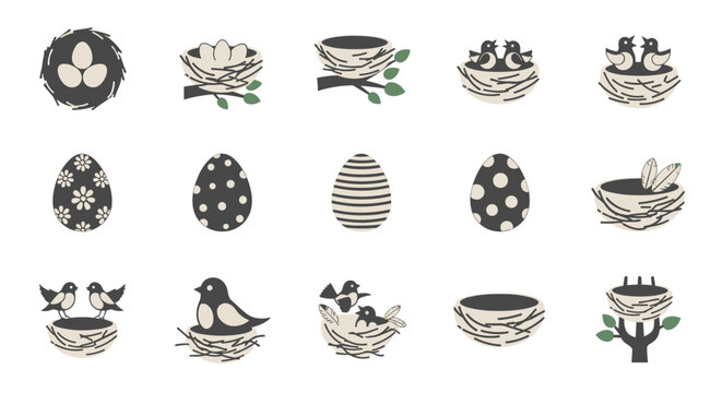 Collection of stylized bird nests and decorative eggs with birds