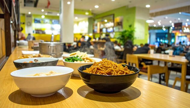Delicious dim sum noodle dishes and congee served steaming hot in a vibrant Asian restaurant setting