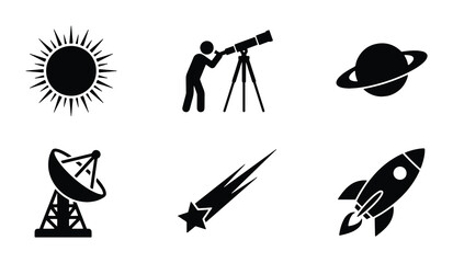 Space Icons Set: Sun, Telescope, Saturn, Satellite Dish, Comet, Rocket, Astronomy, Science, Exploration © Sohel