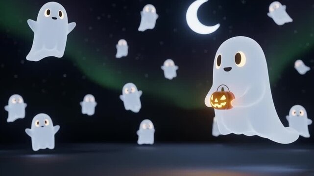 Whimsical illustration of friendly white ghosts flying in a mystical night sky with a crescent moon, subtle aurora borealis, and a pumpkin basket.