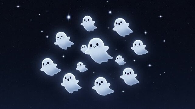 Group of cute cartoon ghosts with smiling faces floating in a dark, starry night sky, whimsical Halloween illustration.