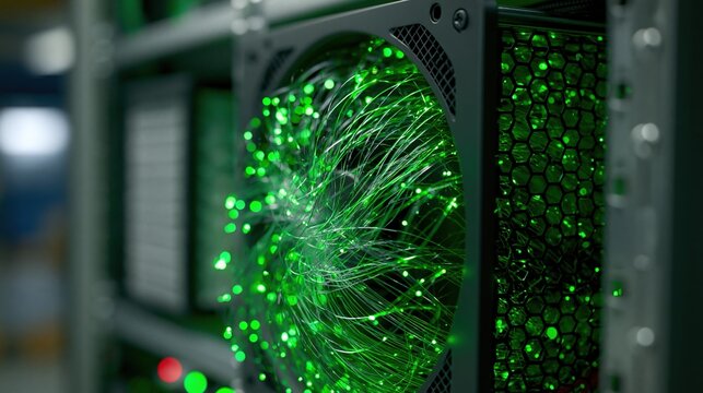 Green Fiber Optic Cables in Server Cabinet
